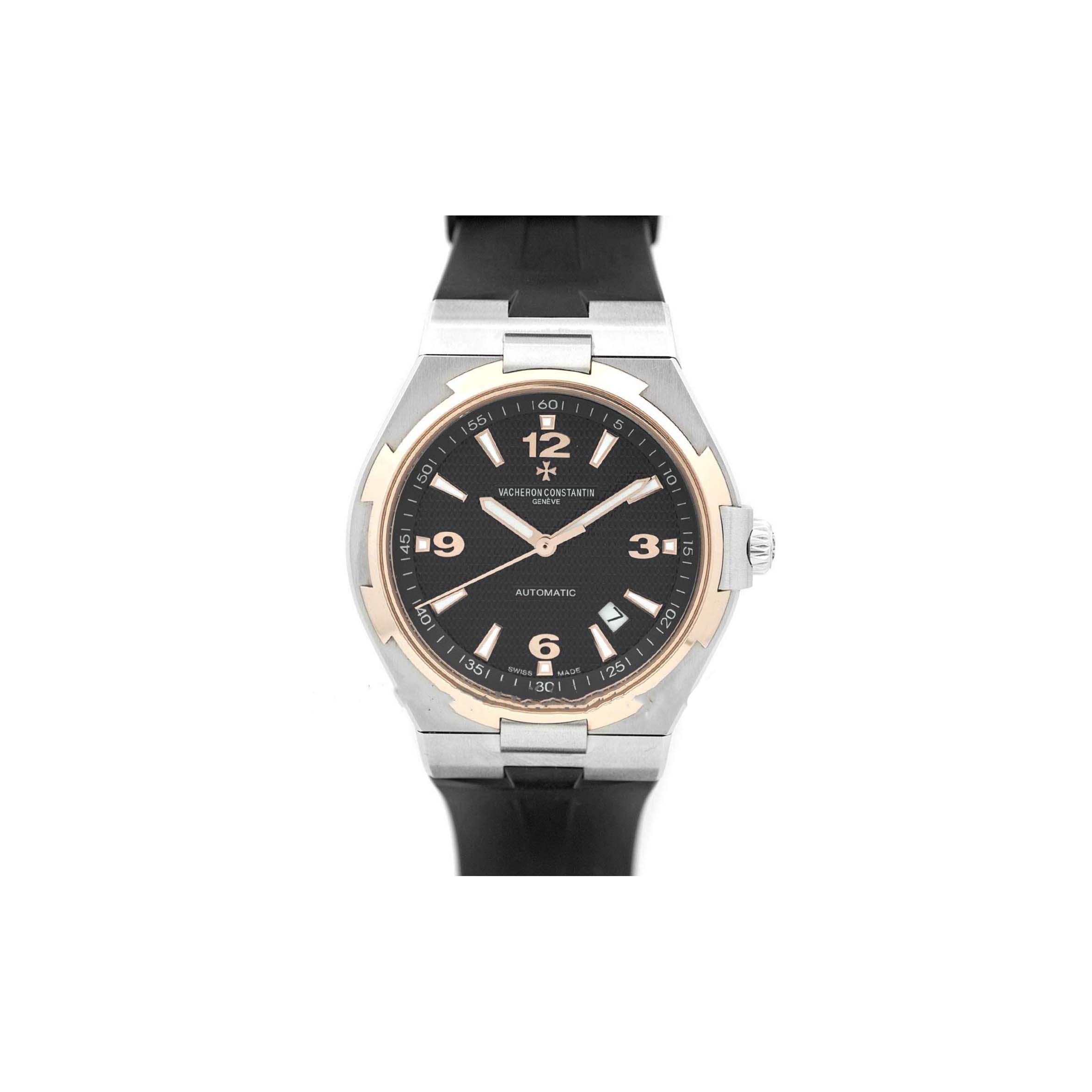 vacheron co*sta*t*n auT0matic black dial rose gold bezel in steel watch 47040/b01m
